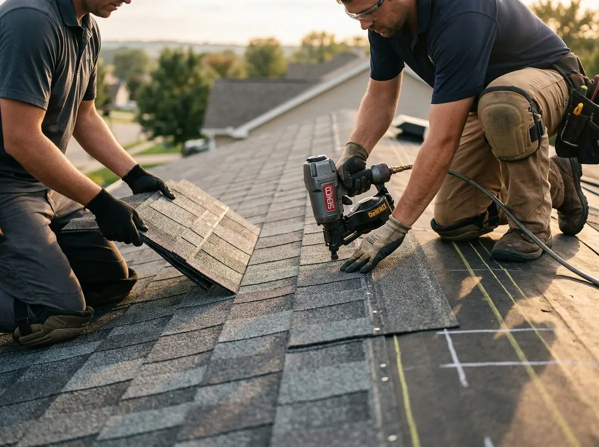 Professional roofer working on a residential roof in Arlington
